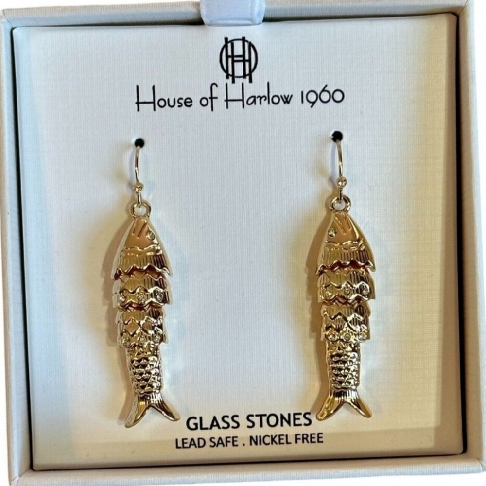 🔹️House of Harlow 🔹1960 Beautiful Gold tone Sardine Fish Drop Linear Earrings